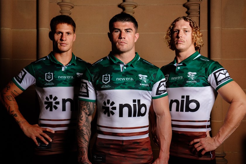 Kalyn Ponga, Bradman Best and Phoenix Crossland model the 2025 Anzac Round Jersey.